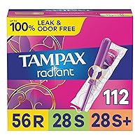 Radiant Tampons Multipack, Regular/Super/Super Plus Absorbency, With Leakguard Braid, Unscented, 28 Count x 4 Packs (112 Count total)