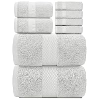 White Classic Luxury Silver Bath Towel Set - Combed Cotton Hotel Quality Absorbent 8 Piece Towels | 2 Bath Towels | 2 Hand Towels | 4 Washcloths [Worth $72.95] 8 Pack | Silver