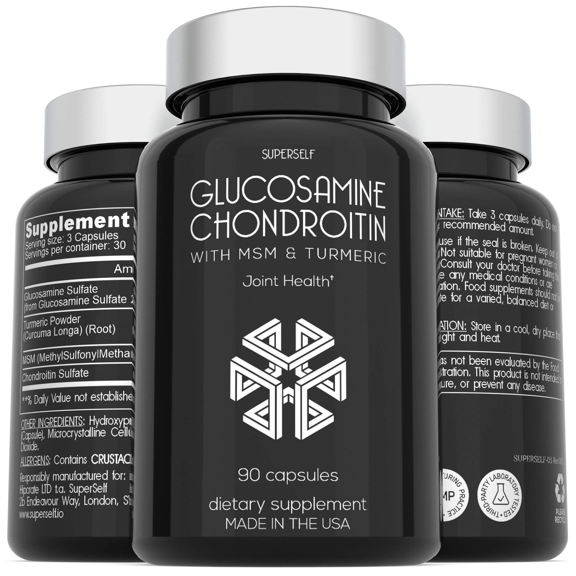 Glucosamine Chondroitin MSM with Turmeric - High Strength Joint Support Supplement for Adults Men & Women - 90 Capsules - 1500mg Glucosamine Sulfate per Serving