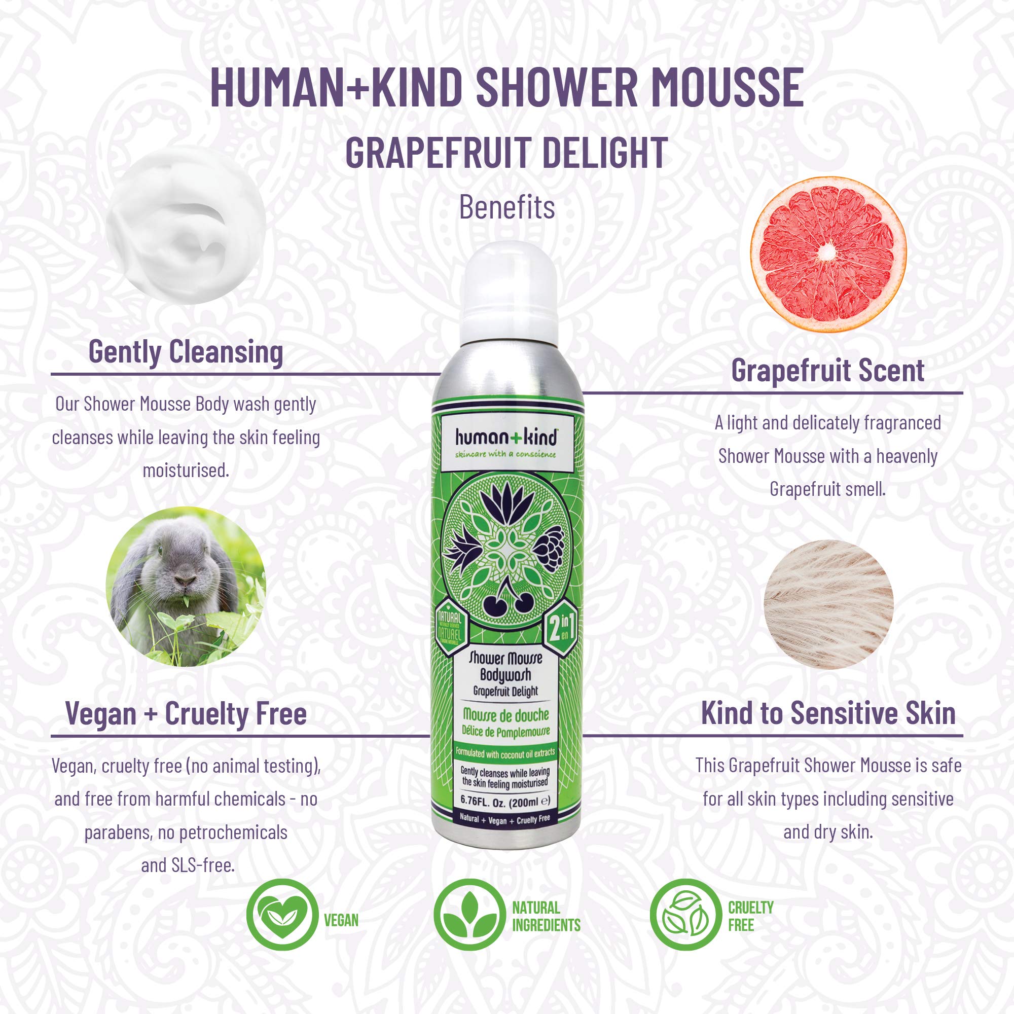 Human+Kind Shower Mousse Body Wash - Suitable For Sensitive Skin - Delicately Fragranced - Leaves Your Body Feeling Cleansed And Beautifully Soft - Nourishes Dry Skin - Grapefruit Delight - 6.76 Oz.