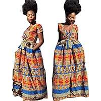 Women Full Length Maxi African Stripe Maxi Dress with Side pokects and Belt