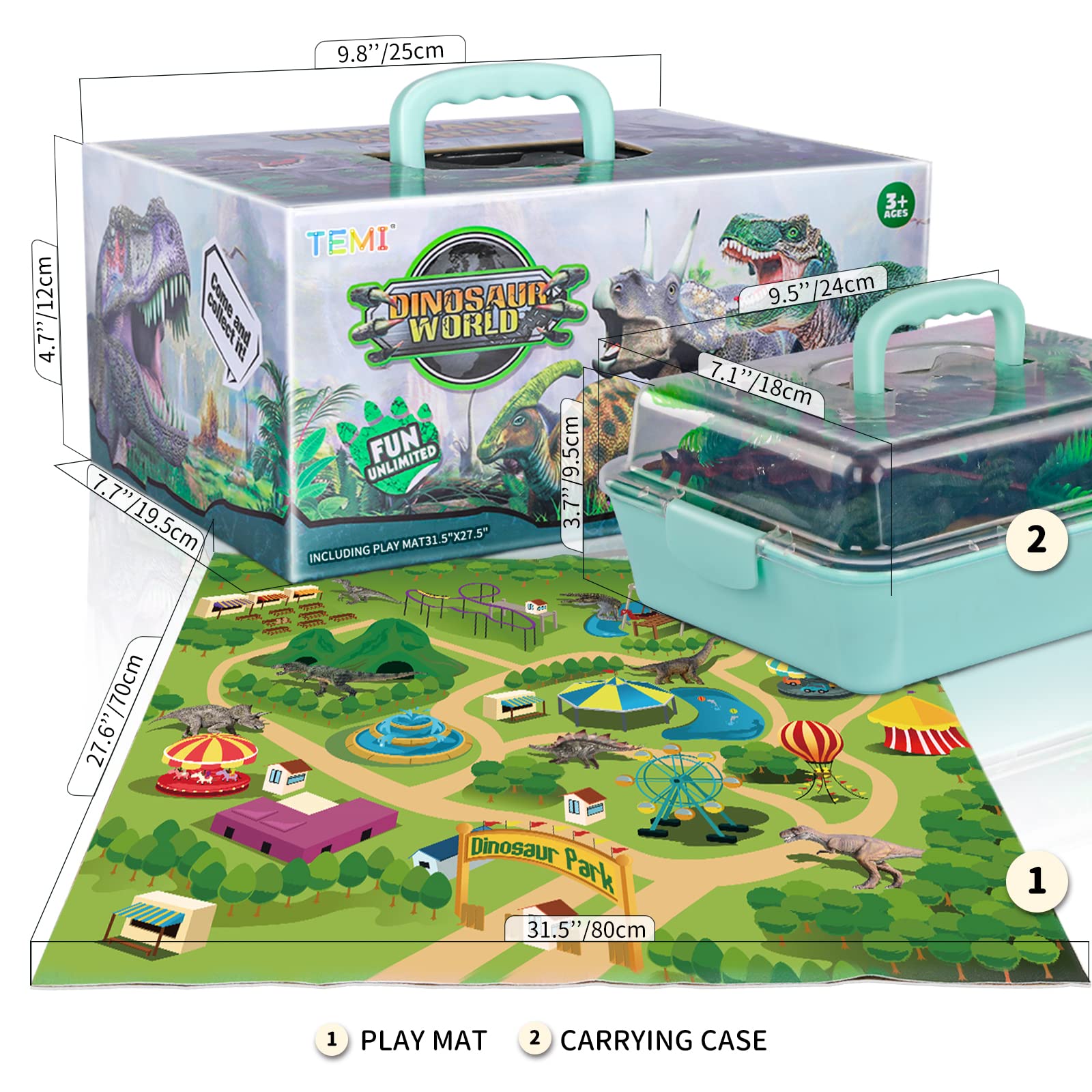 TEMI Dinosaur Toys for Kids 3-5 with Play Mat & Trees, Realistic Jurassic Dinosaur Figures to Create a Dino World Includes T-rex, Triceratops, Velociraptor, Gift for Toddlers Boys & Girls 2 3 4 5 6 7