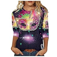 Mardi Gras Shirt Women Carnival Themed Outfit Party Glitter Mask Tee 3/4 Sleeve Crewneck Tunic Tops 2024 Parade Blouse