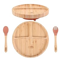 3PCS Bamboo Baby Plate with Silicone Spoon & Fork, Baby Suction Food Plate, All-Natural Baby Plate for Babies & Toddlers, Baby Led Weaning Supplies Non Slip & BPA Free (Orange-Round)