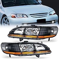 Headlight Assembly Compatible with 1998 1999 2000 2001 2002 Honda Accord Headlamps Replacement Black Housing Amber Reflector Upgraded Clear Lens Driver and Passenger Side, 2 Years Warranty