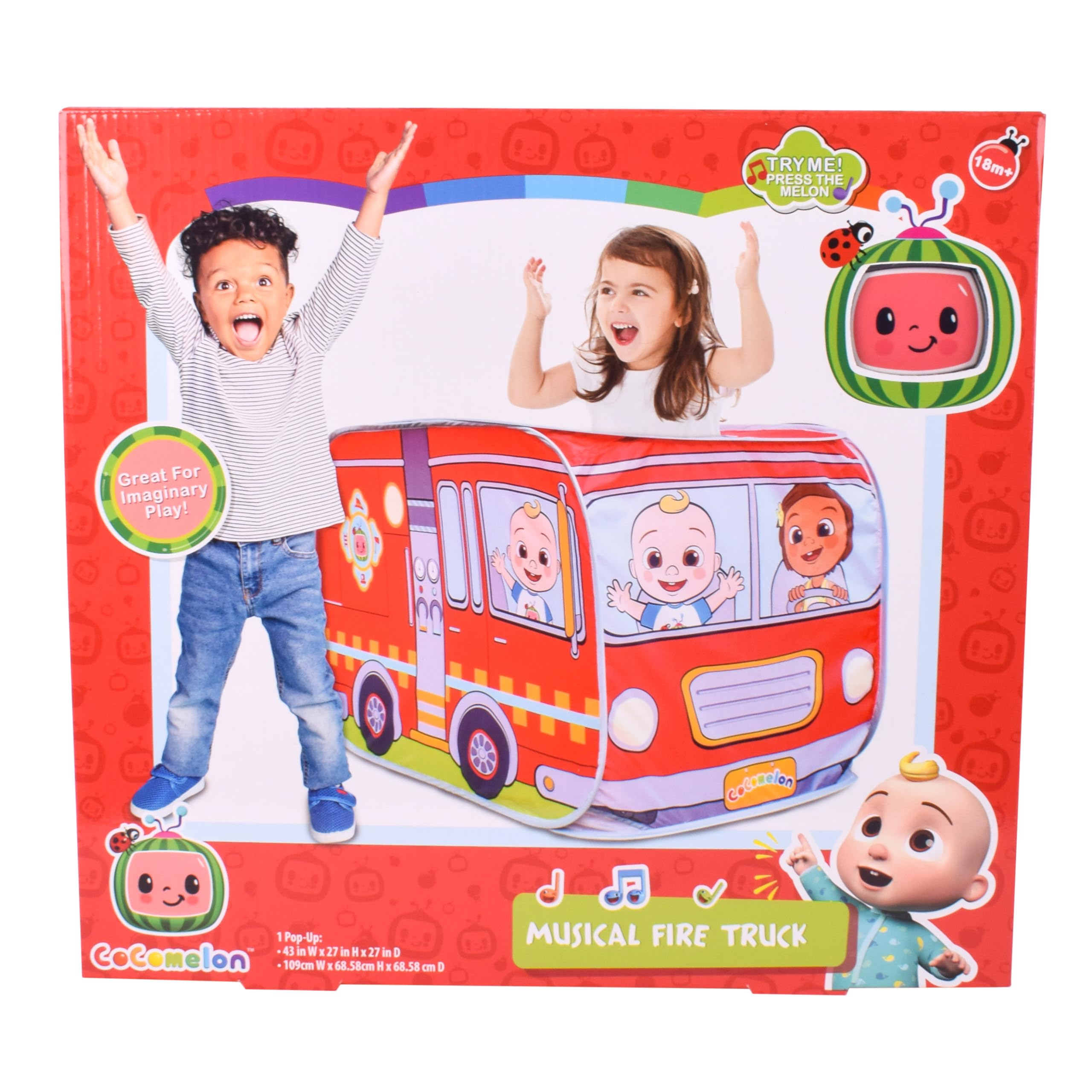 CoComelon Official Musical Firetruck – Pop Up Tent for Toddlers and Kids | Removable Musical Key Fob Plays Fire Drill Song | Red Fire Engine Vehicle Toy – Sunny Days Entertainment