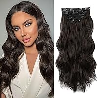 WECAN Clip in Hair Extension Brown Black Long Wavy Curly Hairpieces for Women 20 Inch 6PCS Natural Thick Synthetic Fiber Double Weft Hair Full Head