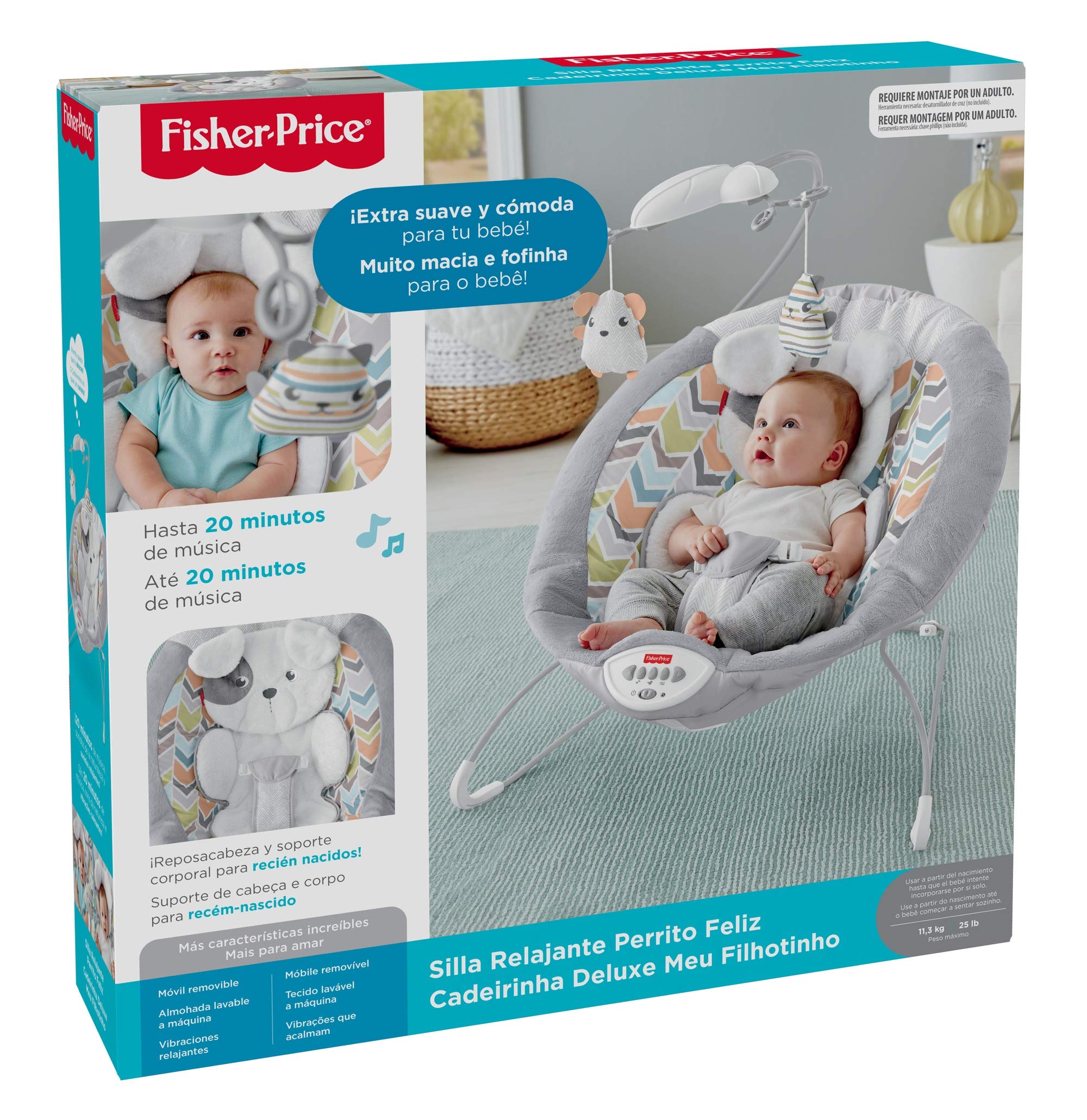 Fisher-Price Sweet Snugapuppy Deluxe Bouncer, portable bouncing baby seat with overhead mobile, music, and calming vibrations