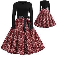 Dress for Christmas Party Women Dresses Long Sleeve High Waisted Square Neck Print Fitted Fall with Belt Dresses