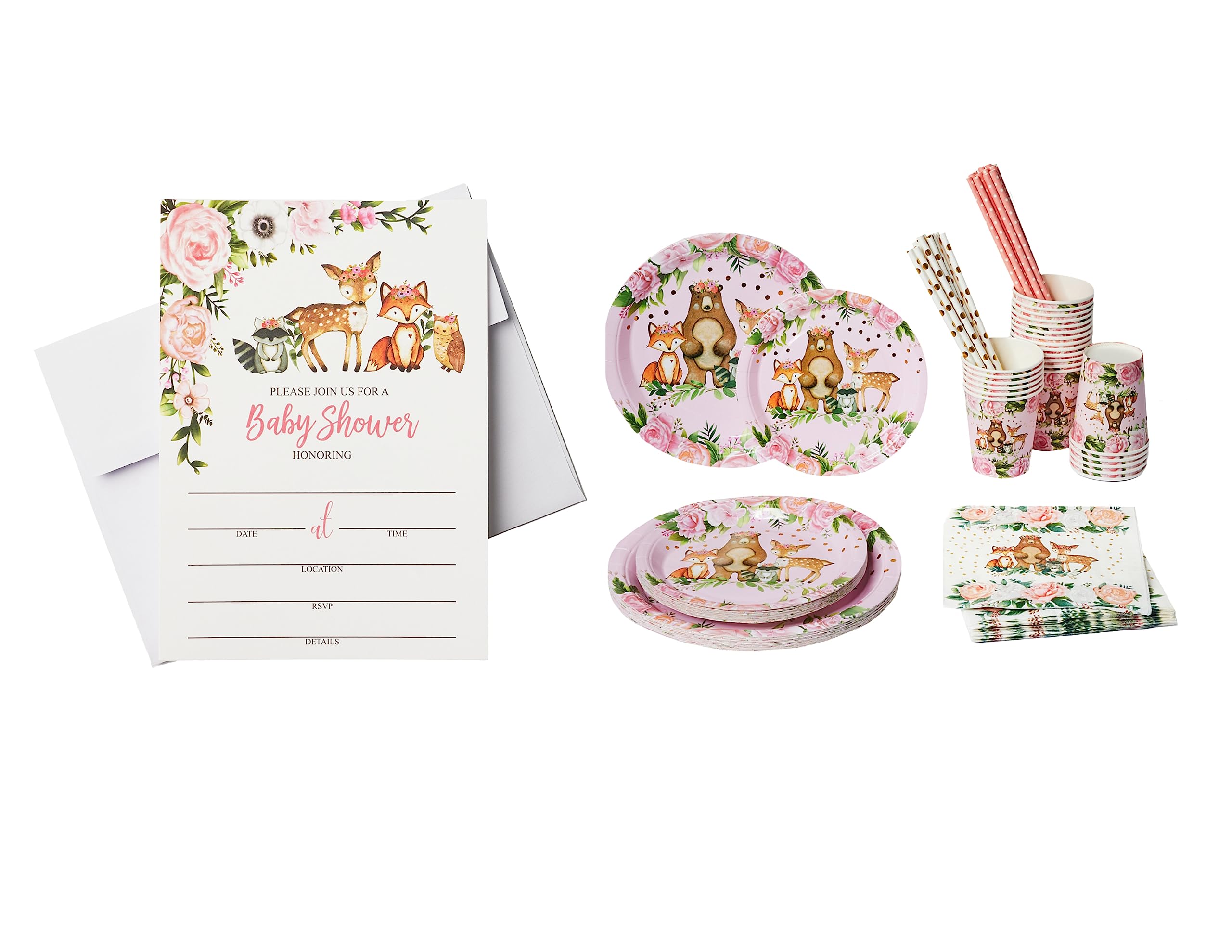 All Ewired Up 25 Girl Woodlands Baby Shower Invitations, Diaper Raffle Tickets, Book Request Cards with Envelopes, 24 Guests Dinner Plates, Dessert Plates, Cups, Gold Straws and Napkins Bundle