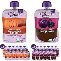 Plum Organics | Stage 1 (Variety Pack) | Just Prunes And + Sweet Potato | 12 Of Each Flavor (24 Total) | New Look, Packaging May Vary