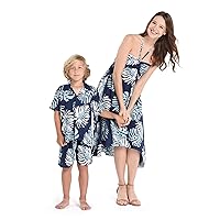 Matching Mother Son Hawaiian Luau Outfit Dress Shirt in Palm Leaves Pattern