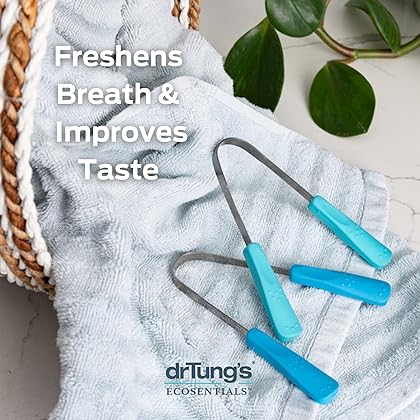 DrTung’s Stainless Tongue Scraper - Tongue Cleaner for Adults, Kids, Helps Freshens Breath, Easy to Use Comfort Grip Handle, Comes with Fabric Travel Pouch - Stainless Steel Tongue Scrapers, (1 Count)