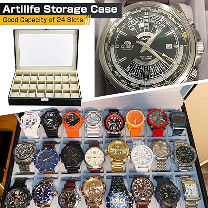 Artilife 24 Slot Watch Box for Men,Watch Cases for Men,Watch Display Case,Glass Top,PU Leather Display Storage Collection Organizer Jewelry Case Watch Organizer with Removable Pillows