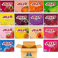 Jell-O Gelatin Variety Pack - 3 oz Boxes (Pack of 14) - Black Cherry, Cherry, Lemon, Lime, Orange, Peach, Raspberry, Strawberry, Strawberry-Banana, Island Pineapple, Cranberry, Watermelon, Apricot, Berry Blue, Grape - In Mighty Merchandise Packaging
