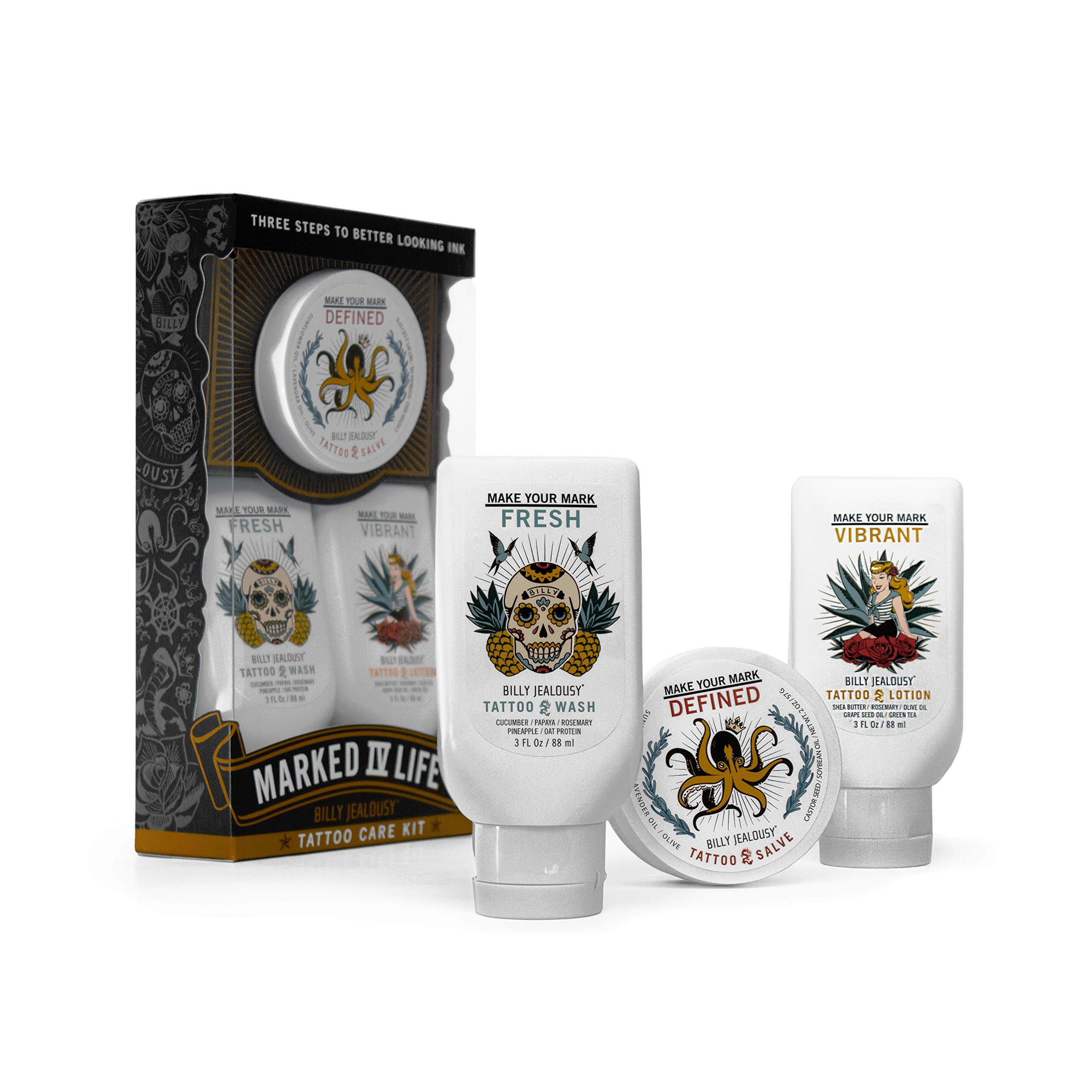 Billy Jealousy Marked IV Life Complete Tattoo Care Kit, Includes Tattoo Defining Aftercare Salve, Brightening Tattoo Wash and Moisturizing Tattoo Lotion, Travel Friendly Size
