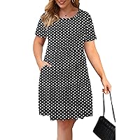 AUSELILY Women's Plus Size Round Neck Pleated Swing Dress with Pockets Knee Length