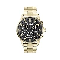 HUGO Multi Dial Quartz Watch for Men with Yellow Gold-Coloured Stainless Steel Strap - 1530152, black, Bracelet