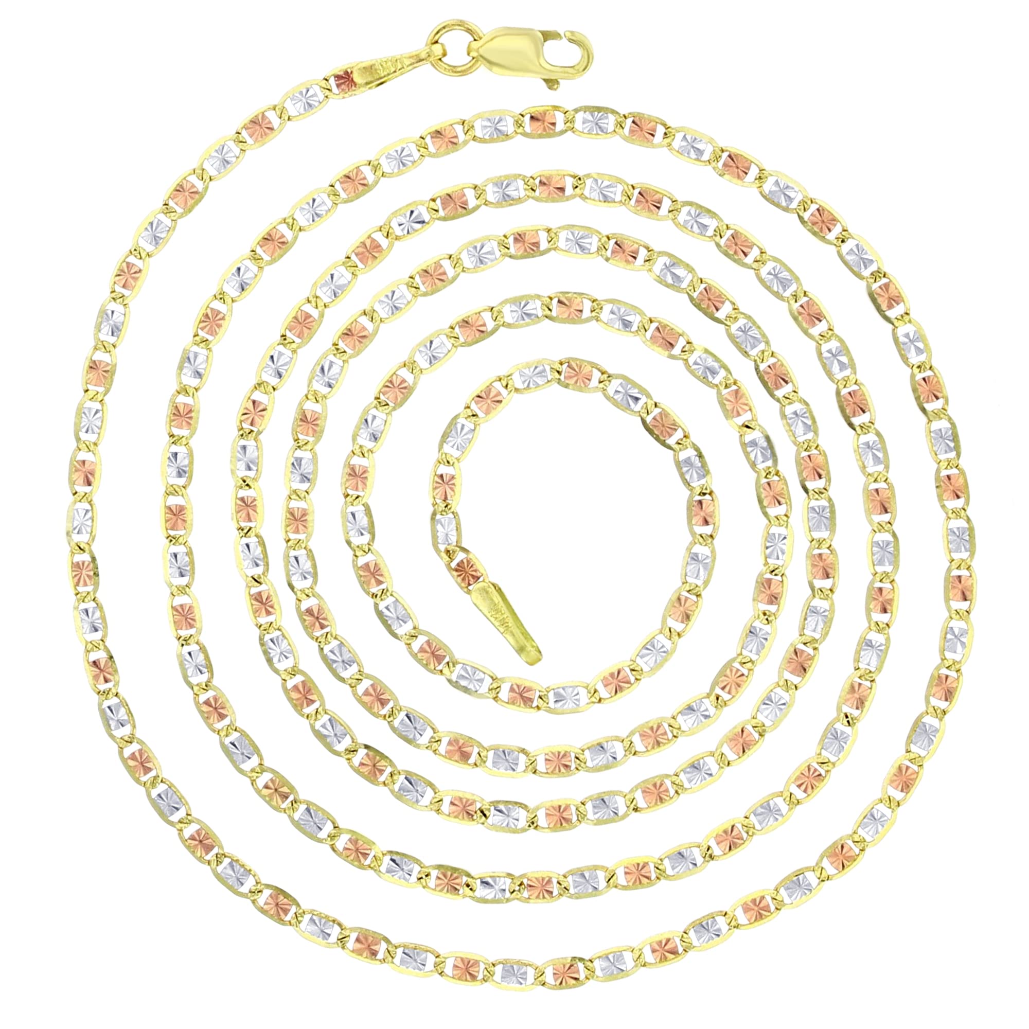 Solid 14K Gold Tricolor 2mm-8mm Diamond Cut Star Italian or Heart Italian Love Chain Necklace