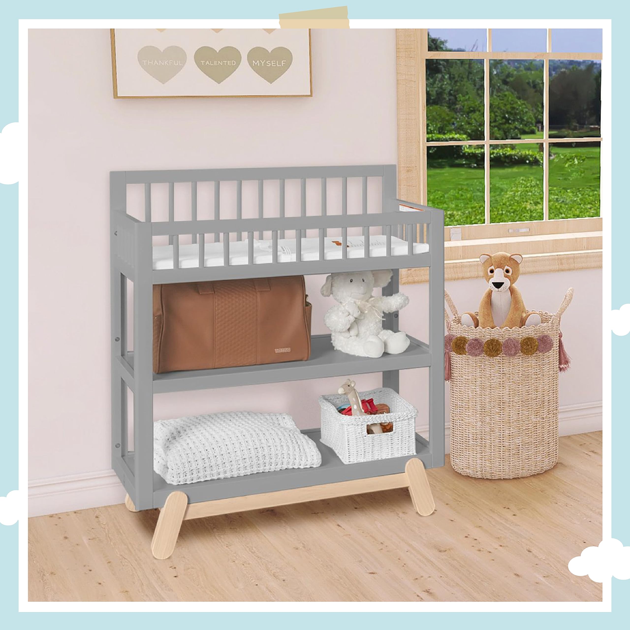 Dream On Me Hygge Changing Table in Pebble Grey Oak, Greenguard Gold & JPMA Certified, Comes with Safety Belts & 1” Changing Pad, Easy to Clean, Safe Wooden Furniture