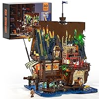 Funwhole Medieval-Pier-Inn Lighting Building Bricks Set - Retro Pirate House LED Light Construction Building Model Set 2143 Pcs for Adults and Teen