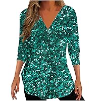 Women's Sparkle Party Tops Three Quarter Sleeve Tunic Shirts V Neck Zipped Tees Loose Blouse Pleated Summer Outfits