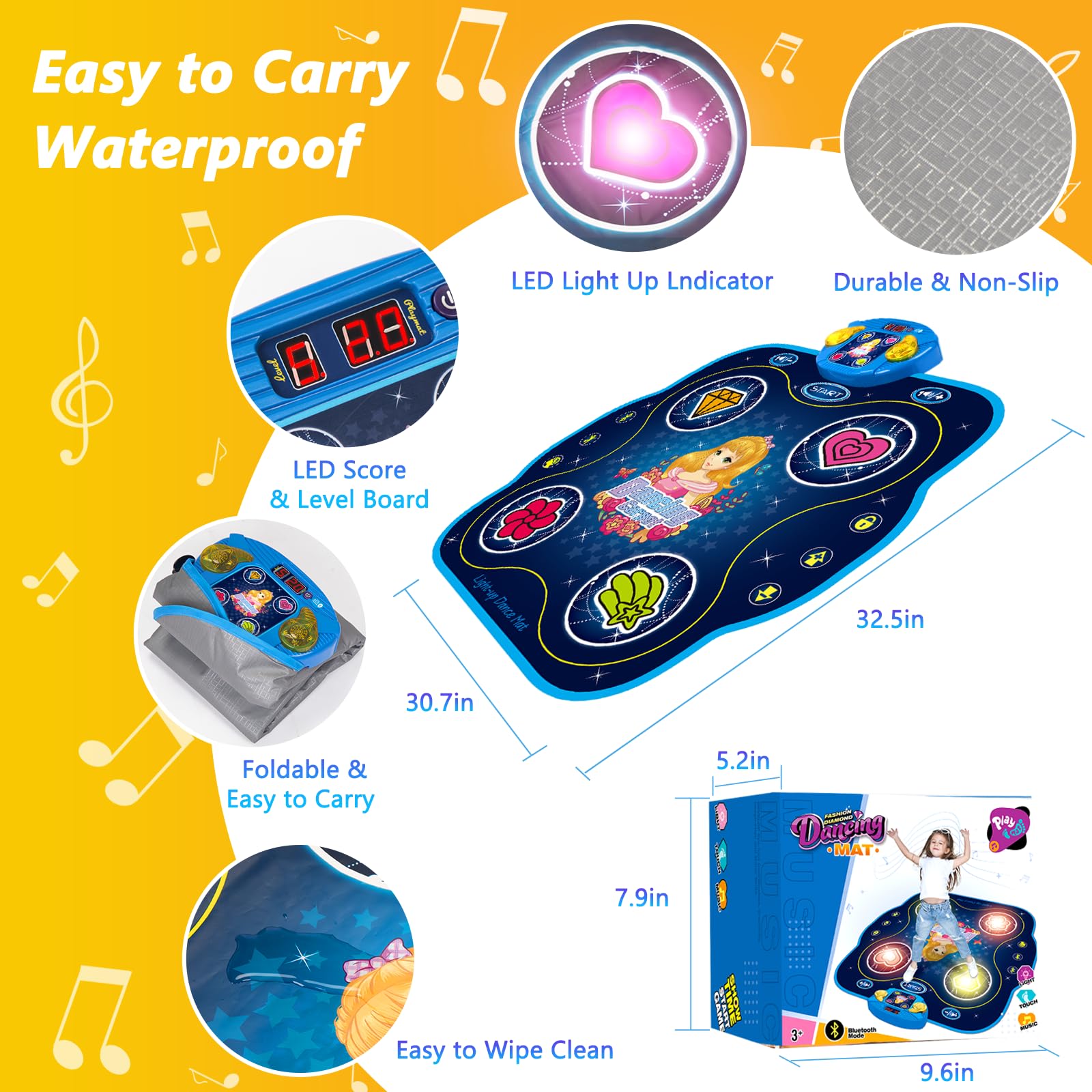 Dance Mat Toys Gift for 3-12 Year Old Kids Girls, Electronic Light Up Dance Pad Mats with Bluetooth 9 Levels Game, Christmas Birthday Gifts Dancing Mat for Kids Girls Boys Ages 3 4 5 6 7 8 9 10 11 12