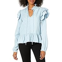 [BLANKNYC] Womens Luxury Clothing Light Wash Printed Denim Shirt with Ruffle Detail & Keyhole Tie Neck, Comfortable & Stylish