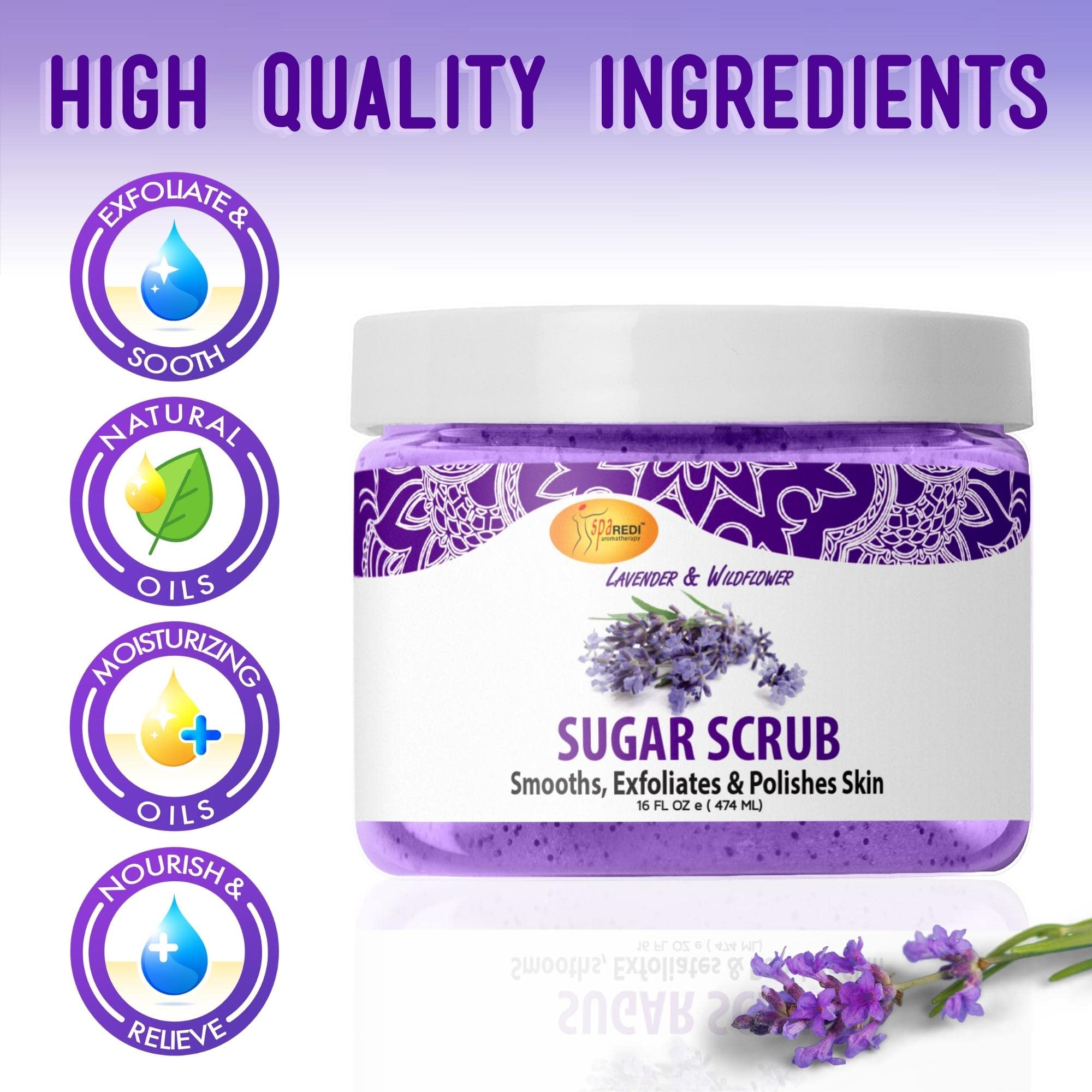 SPA REDI – Sugar Body Scrub, Lavender and Wildflower, 16 Oz, Exfoliating, Moisturizing, Hydrating and Nourishing, Glow, Polish, Smooth and Fresh Skin - Body Exfoliator