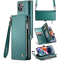 ASAPDOS iPhone 14 Case Wallet,Retro Suede PU Leather Strap and Crossbody Wristlet Flip Case with Magnetic Closure,[RFID Blocking] Card Holder and Kickstand for Men Women Green