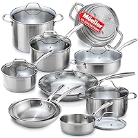Mueller Pots and Pans Set 17-Piece, Ultra-Clad Pro Stainless Steel Cookware Set, Ergonomic EverCool Handle, Includes Saucepans, Skillets, Dutch Oven, Stockpot, Steamer More