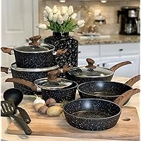 Induction Kitchen Cookware Sets - 12 Piece Cooking Pan Nonstick Set, Granite Black Pots and Pans Set