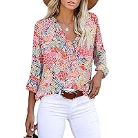 Astylish Womens Long Sleeve Floral Print Button Down Henley Shirts Collared Casual Blouses Print Red Medium