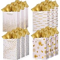 Carnation Gift Bags, 12 Pack Medium Size Gold Foil Small Gift Bags with Tissue Paper for Birthday, Baby Shower, Wedding, Party Favor, Christmas (9.25x6.9x3.15 Inch, Gift Wrap Bags-Gold Dots)