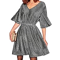 OYOANGLE Women's Glitter Sparkly Short Sleeve V Neck Summer Casual Cocktail Party Dress Clubwear