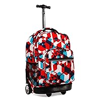 J World New York Sunrise Kids Rolling Backpack for Girls Boys Teen. Roller Bookbag with Wheels, Red Cubes, 18