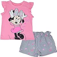 Disney Minnie Mouse Rainbow Floral July 4th T-Shirt and Twill Shorts Outfit Set Infant to Big Kid Sizes (12 Months - 14-16)