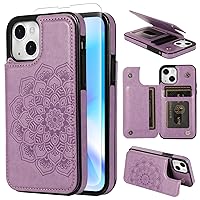 Phone Case for iPhone 14 Wallet Case 6.1 inch Tempered Glass Screen Protector Leather Card Holder Slots Stand Cover Flip Cases Cell iPhone14 5G i i-Phone i14 14s iPhone14case Women (Purple)