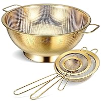 Norme 5 Quart Stainless Steel Gold Colander and 3 Pcs Gold Fine Mesh Strainer, Stainless Steel Pasta Rice Food Metal Strainer with Handles, Easy Clean and Dishwasher Safe