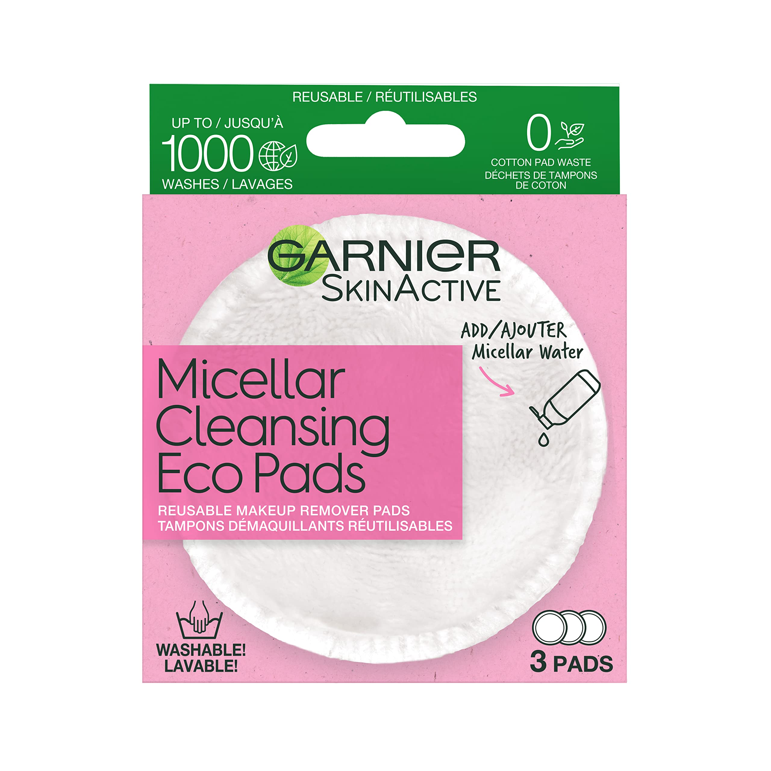 Garnier SkinActive Micellar Cleansing Eco Pads, Reusable, 3 Ultra-soft Microfiber Pads, 1 Count (Packaging May Vary)