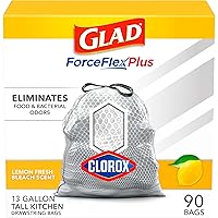 Glad Trash Bags, Tall Kitchen Garbage Bags ForceFlex Plus with Clorox, 13 Gallon, Lemon Fresh Bleach Scent 90 Count (Package May Vary), White-gray, Lemon Fresh