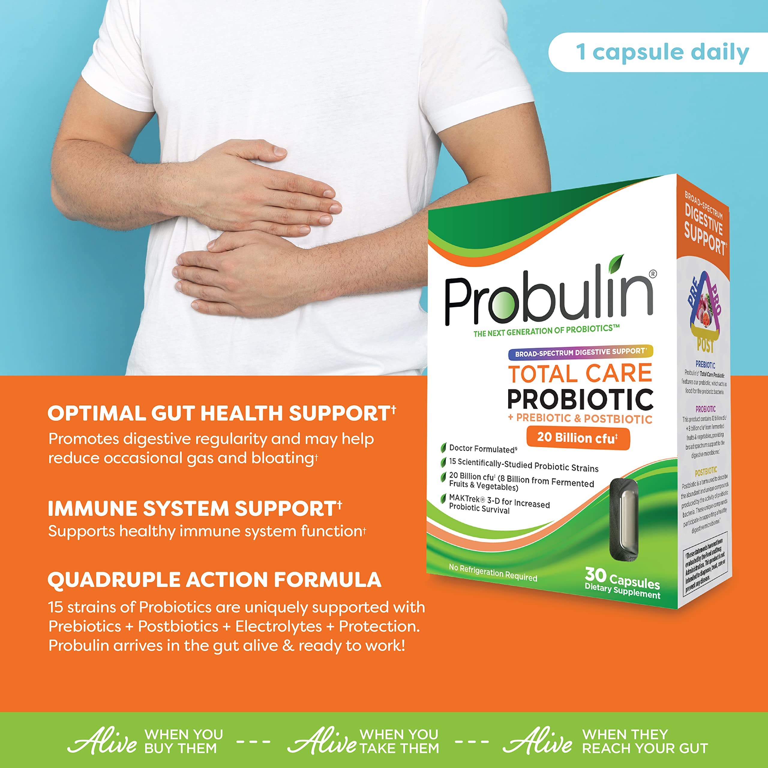 Probulin Total Care Gut Support Daily Probiotic Supplement for Adults, 20 Billion CFU, 30 Capsules (Twin Pack)
