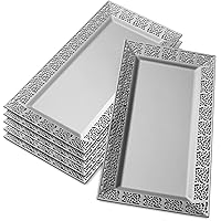 SILVER SPOONS Elegant Lace Plastic Serving Trays (6 PC), Disposable Plastic Trays and Platters for Party - 14” x 7.5”, Serves Snacks, Desserts, Sweets, Perfect for Upscale Wedding, and Dining - Silver