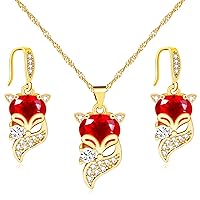 Cute Little Fox Necklace and Earrings Set Sparkly Cubic Zirconia Fox Jewelry Gifts for Women Girls Birthday Mother's Day