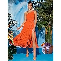 Women's Dress One Shoulder Fringe Trim Ruffle Hem Split Thigh Belted Dress (Color : Orange, Size : X-Small)