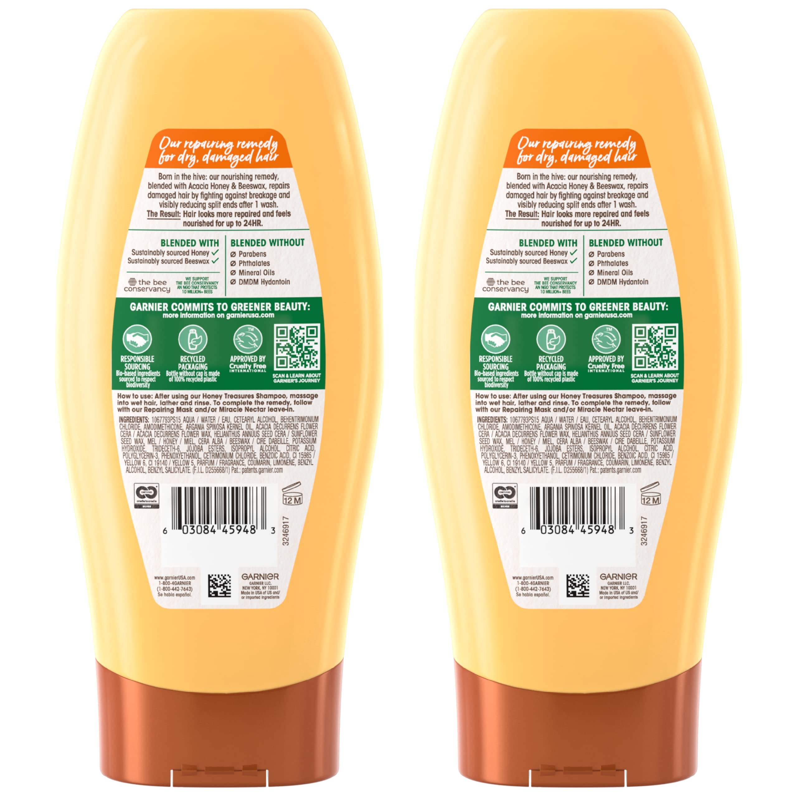 Garnier Whole Blends Honey Treasures Repairing Conditioner, for Dry, Damaged Hair, 22 Fl Oz, 2 Count (Packaging May Vary)