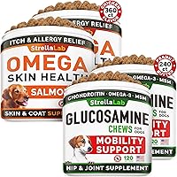 Omega 3 + Glucosamine Dogs Bundle - Allergy & Itch Relief Skin&Coat Supplement - Omega 3 & Pumpkin + Chondroitin, MSM - Dry Itchy Skin, Hot Spots Treatment + Hip & Joint Care - 600 Chews - Made in USA