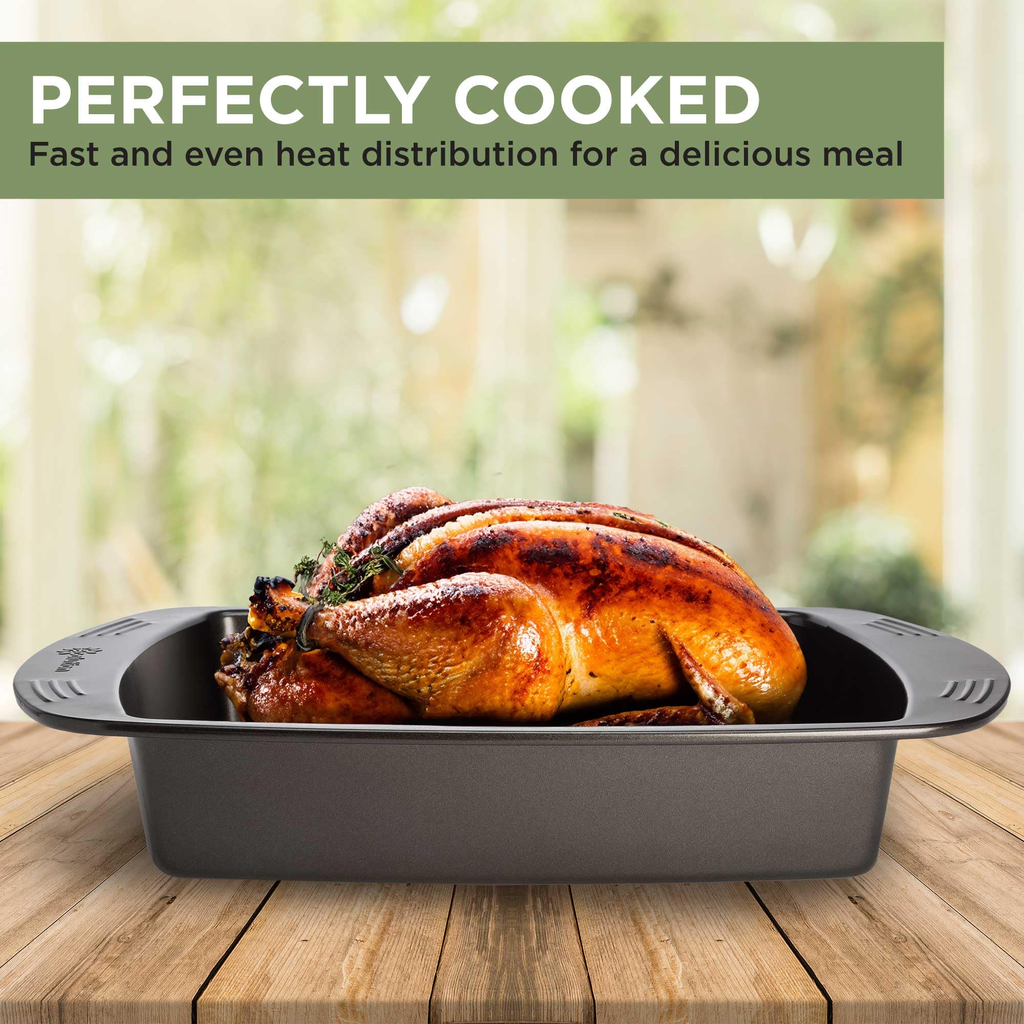 Ecolution Nonstick Roasting Pan, Carbon Steel with Premium Nonstick, Oven Safe to 450 F, Made without PFOA, Dishwasher Safe, 16-Inch x 12.75-Inch Interior, 21-Inch x 14-Inch Exterior