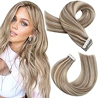 Moresoo Tape in Human Hair Extensions 20 Inch Highlighted Hair Extensions Tape in Light Brown Highlighted with Blonde Tape in Hair Extensions Invisible Tape in Extensions Real Hair #P9A/60 20pcs 50g