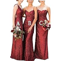 Women's Burgundy Sequins Bridesmaid Prom Dress Long Evening Gowns